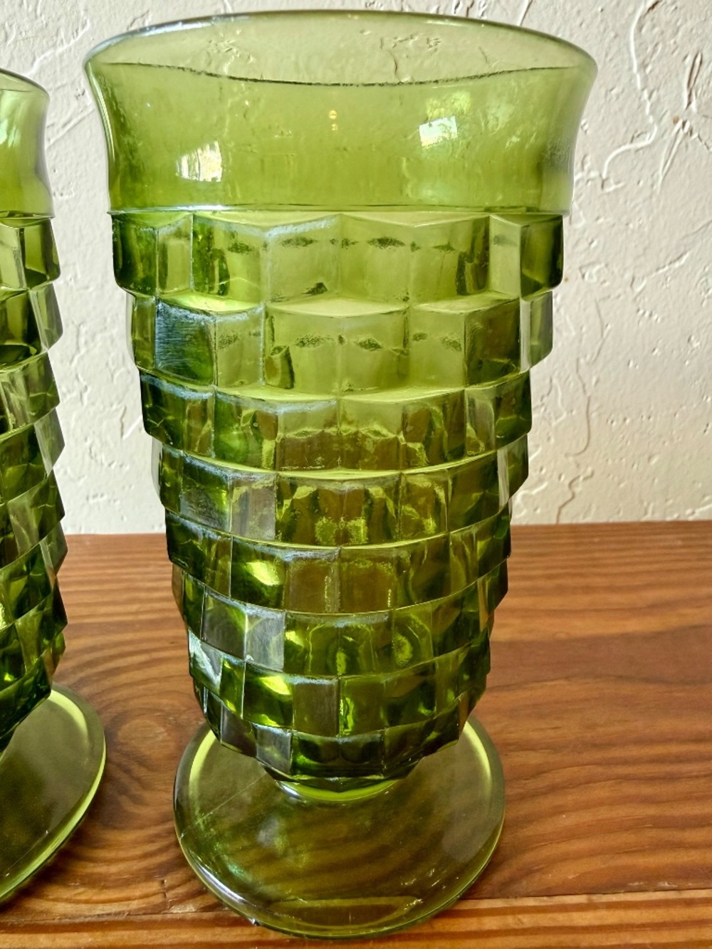 Indiana Glass Whitehall Cubist Olive Green Footed Tumblers Set of 4 - Picture 9 of 15
